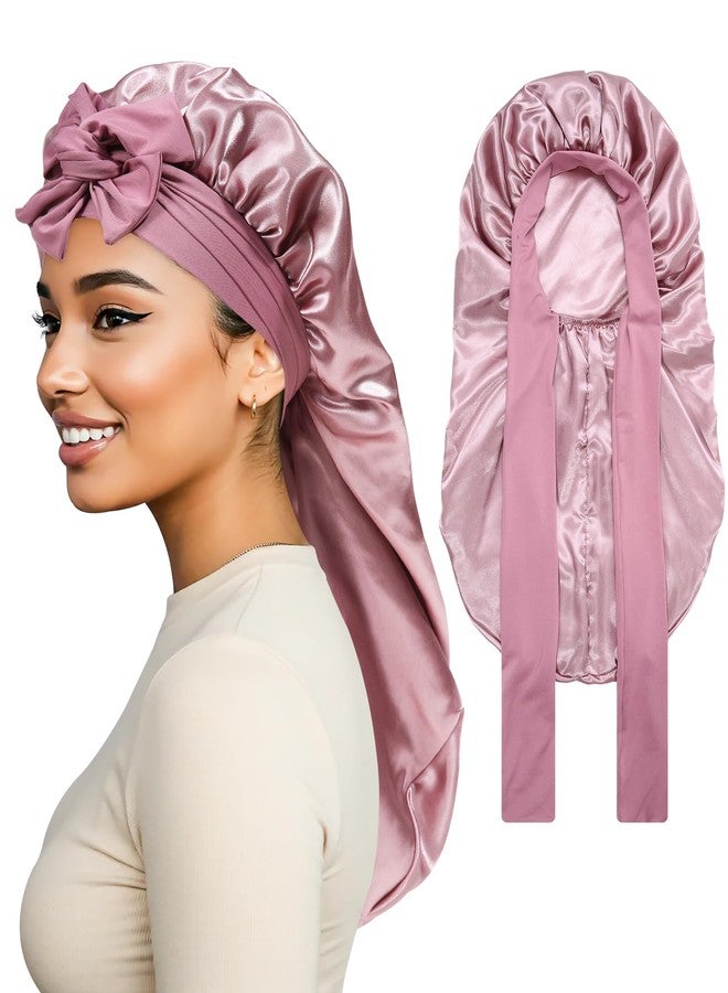 CHLINS Braids Satin Bonnet for Sleeping Long Bonnet Women Hair Bonnet with Stretchy Tie Band Satin Hair Wrap(Red Bean) - Image 1
